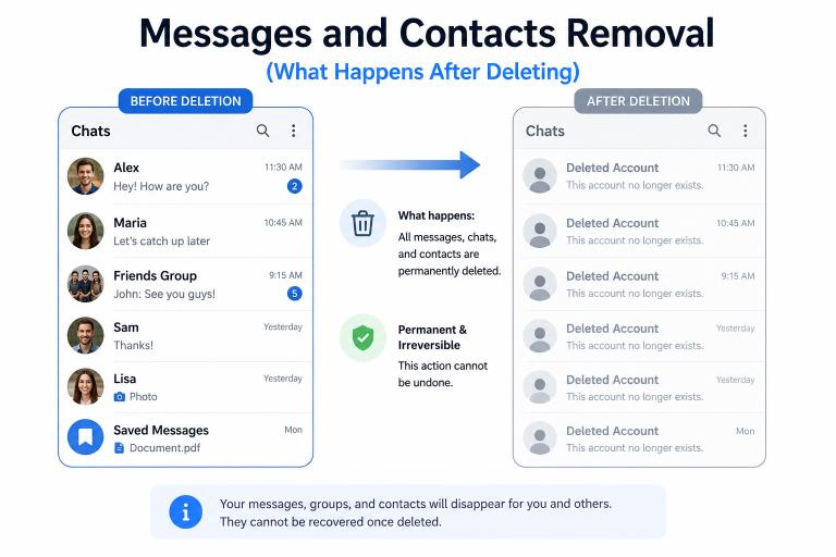 Telegram chat list shown before and after account deletion, with usernames replaced by Deleted Account labels