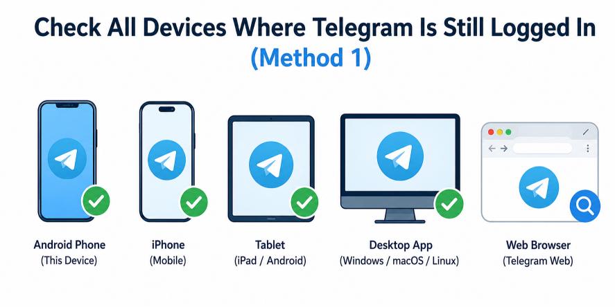 Row of icons for phone, tablet, desktop, and browser representing devices to check for an active Telegram session