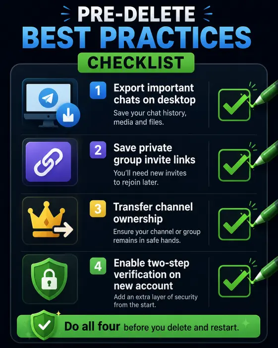 4 best practices before creating new Telegram account including exporting chats saving group links and transferring channels