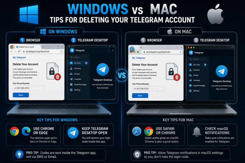Windows and Mac specific tips for deleting Telegram account showing browser recommendations and Telegram Desktop setup for each platform