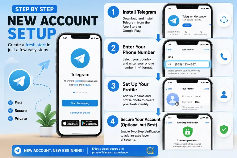 4 steps to create new Telegram account after deletion using same phone number including verification and two step security setup