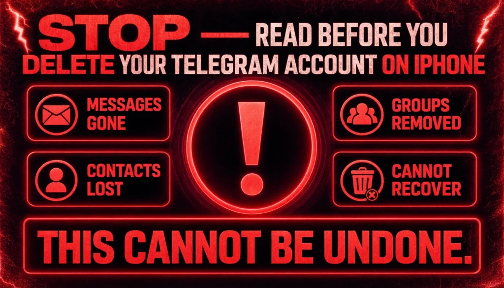 Warning — deleting your Telegram account on iPhone permanently removes all messages contacts groups and channels