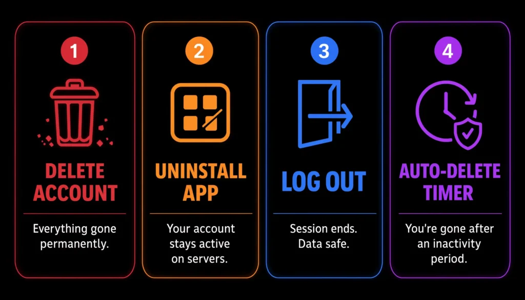 Comparison table showing difference between deleting uninstalling logging out and auto-delete on Telegram Android
