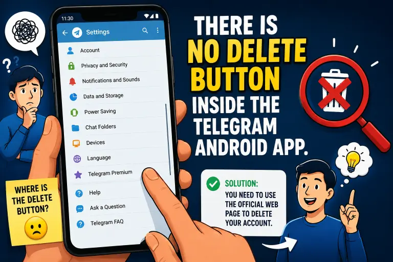 Telegram Android app settings showing no delete account button — deletion must be done through official web page