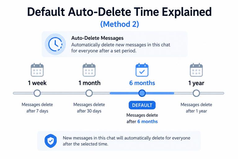 Horizontal timeline showing Telegram's inactivity auto-delete options of one week, one month, six months, and one year