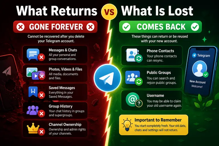 Split screen showing what Telegram data is permanently lost versus what returns when creating new account with same number