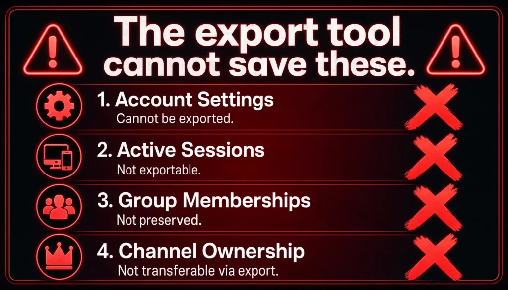 Warning showing four types of Telegram data that cannot be backed up including account settings group memberships and channel ownership
