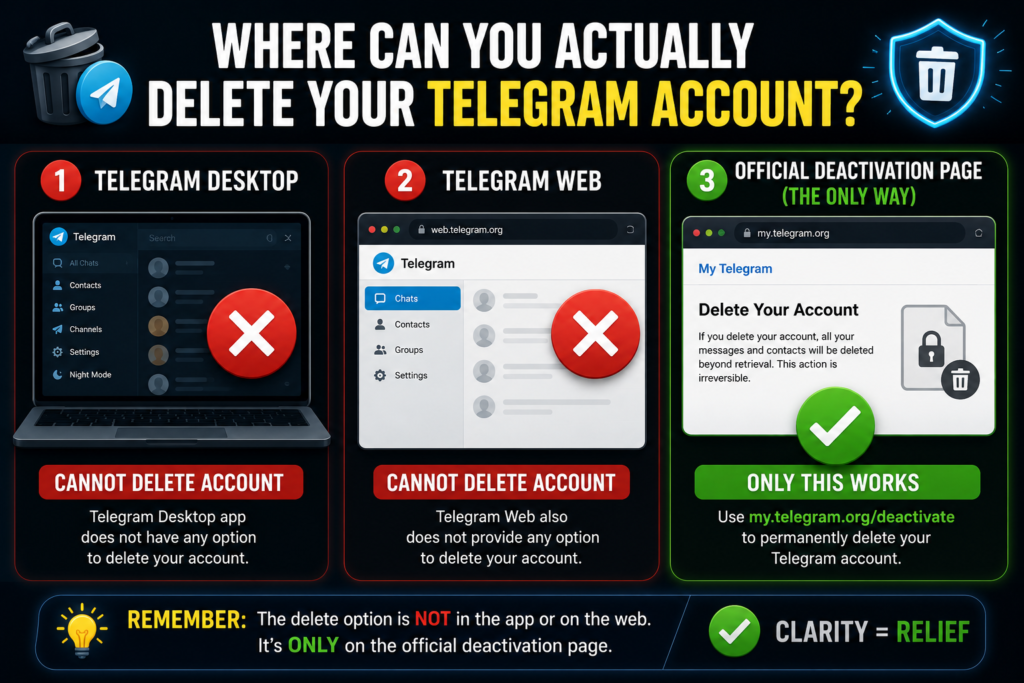 Comparison showing Telegram Desktop and Telegram Web cannot delete accounts while only the official deactivation page can permanently delete