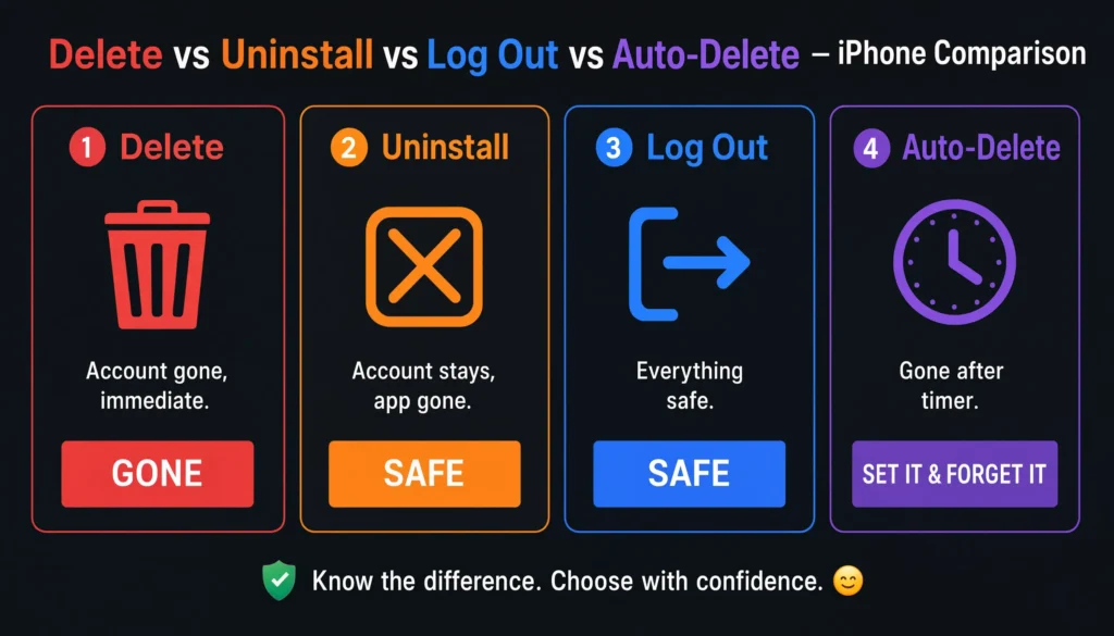Comparison of delete uninstall logout and auto-delete options for Telegram account on iPhone showing outcomes