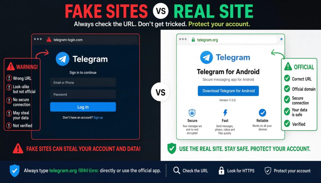 Comparison of official Telegram delete page my.telegram.org versus fake third-party scam websites to avoid