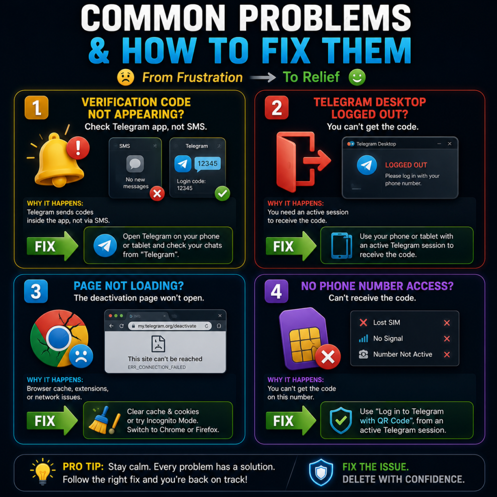 4 common problems when deleting Telegram account on PC including verification code not appearing and browser not loading with fixes