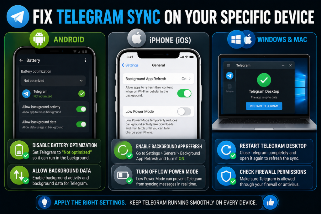 Device specific Telegram sync fixes for Android iPhone Windows and Mac showing battery settings background refresh and firewall permissions