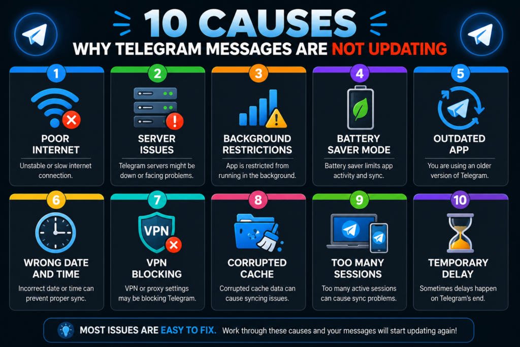 10 reasons why Telegram messages are not updating including poor internet background restrictions battery saver and corrupted cache