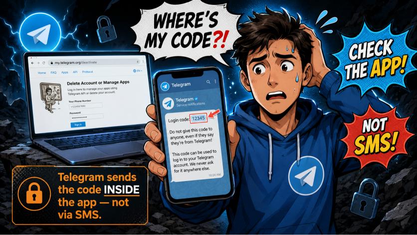 Man checking Telegram app for verification code on phone while laptop shows the deactivation page in browser