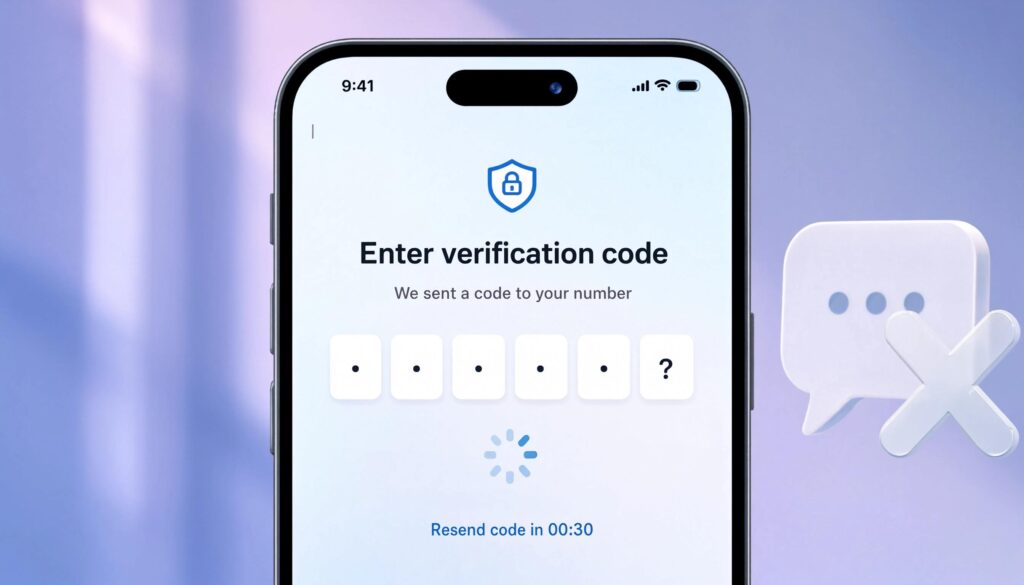 Phone screen showing an empty Telegram verification code field with a loading icon, illustrating a confirmation code that has not arrived