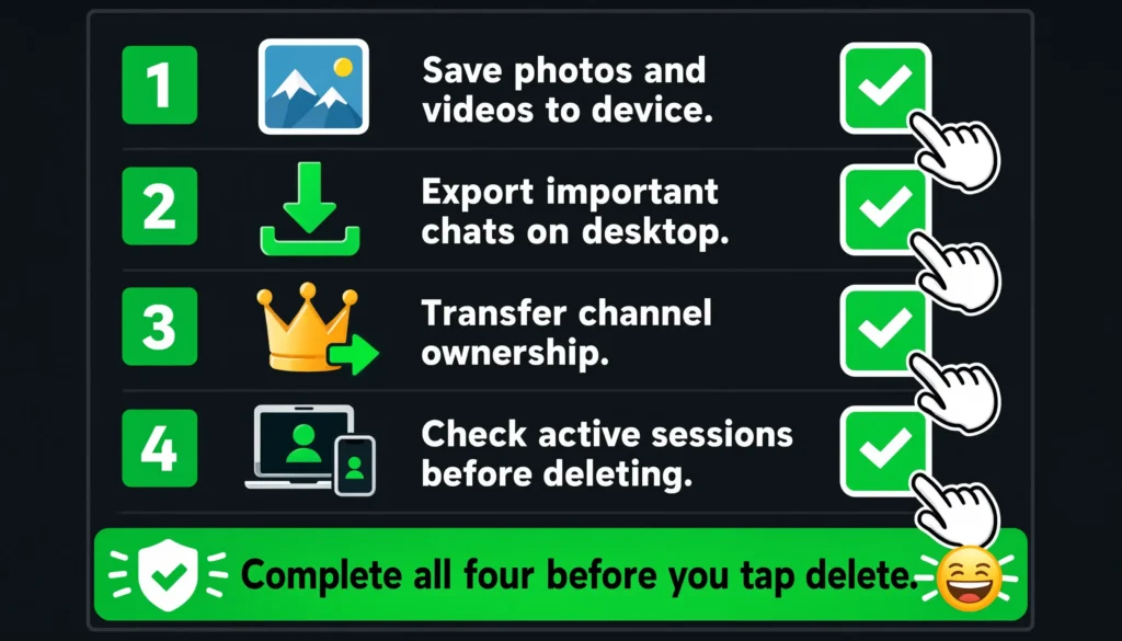 4 things to do before deleting Telegram account on Android including saving media exporting chats and transferring channels