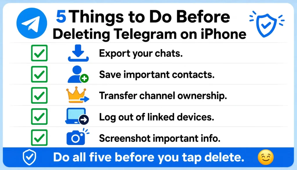 5 things to do before deleting Telegram account on iPhone including export chats save contacts and transfer channel ownership
