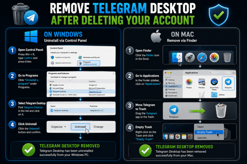 How to uninstall Telegram Desktop on Windows and Mac after deleting account showing step by step removal process for both platforms