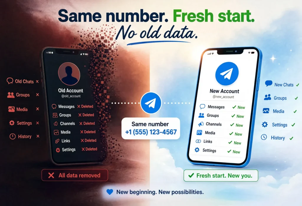 Old deleted Telegram account on left and fresh new Telegram account on right connected by same phone number showing fresh start