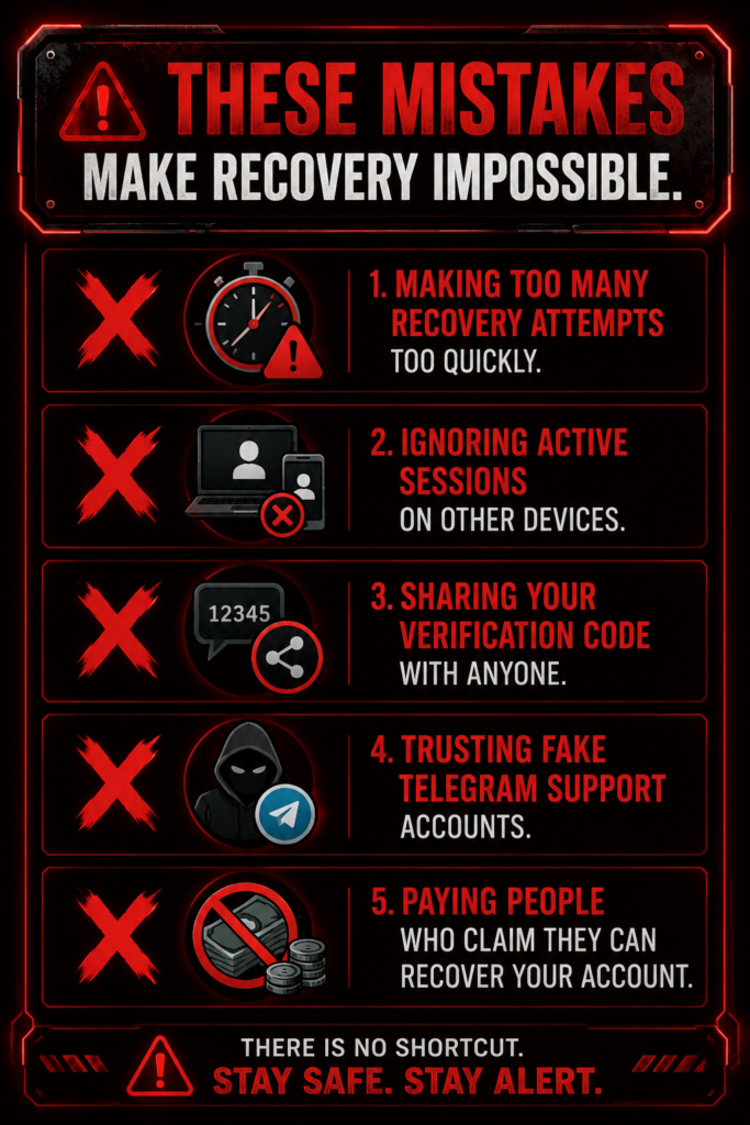 5 common mistakes that make hacked Telegram account recovery impossible including sharing codes and trusting fake support