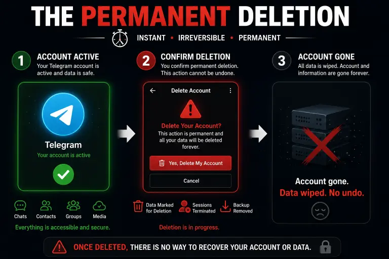 Three stage timeline showing Telegram account active then deleted then permanently gone with no recovery possible