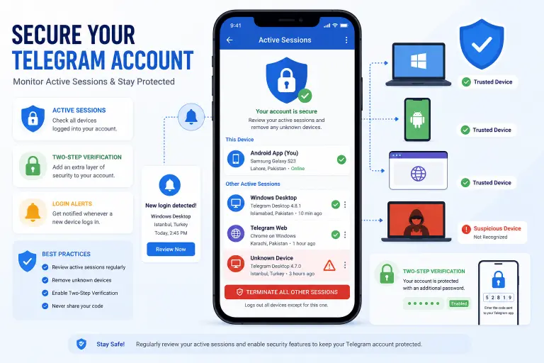 Telegram account security showing suspicious login detection, active sessions, and two-step verification