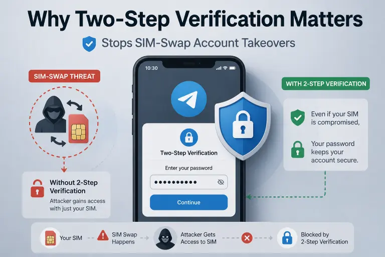 Illustration with text overlay explaining how Telegram two-step verification protects against SIM-swap account takeover