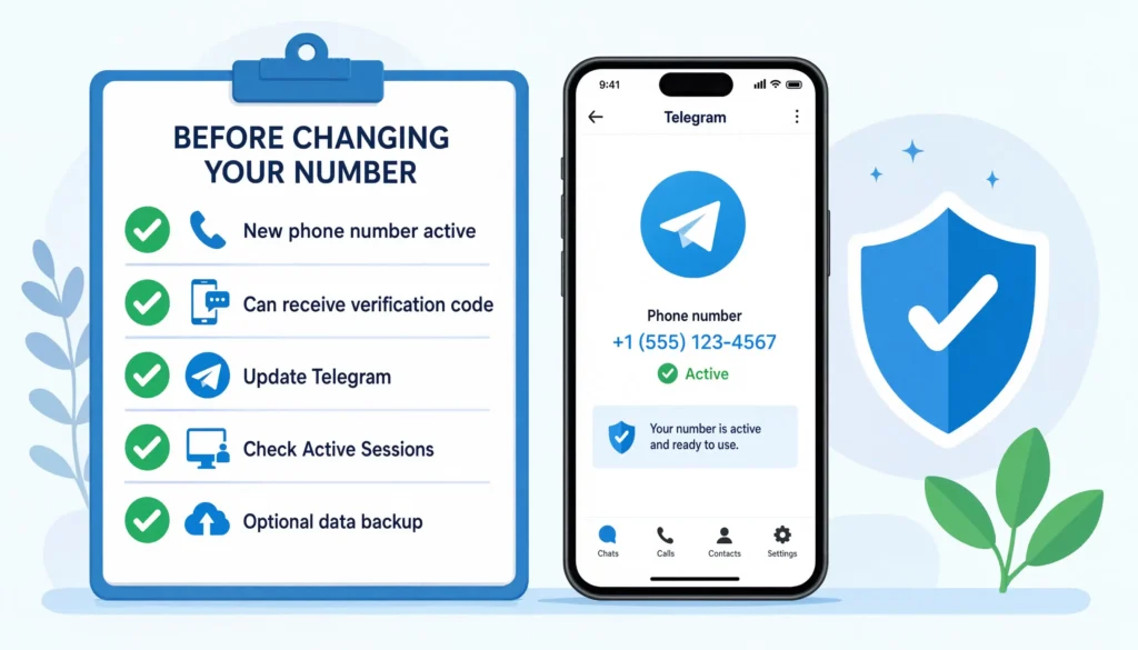 Checklist showing what to do before changing your Telegram phone number.