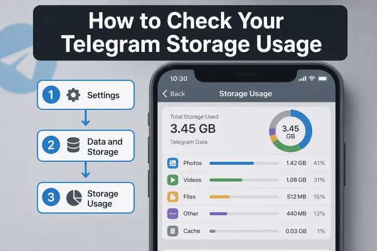 Mock phone settings screen with numbered text overlay showing the steps to reach Telegram's Data and Storage usage menu