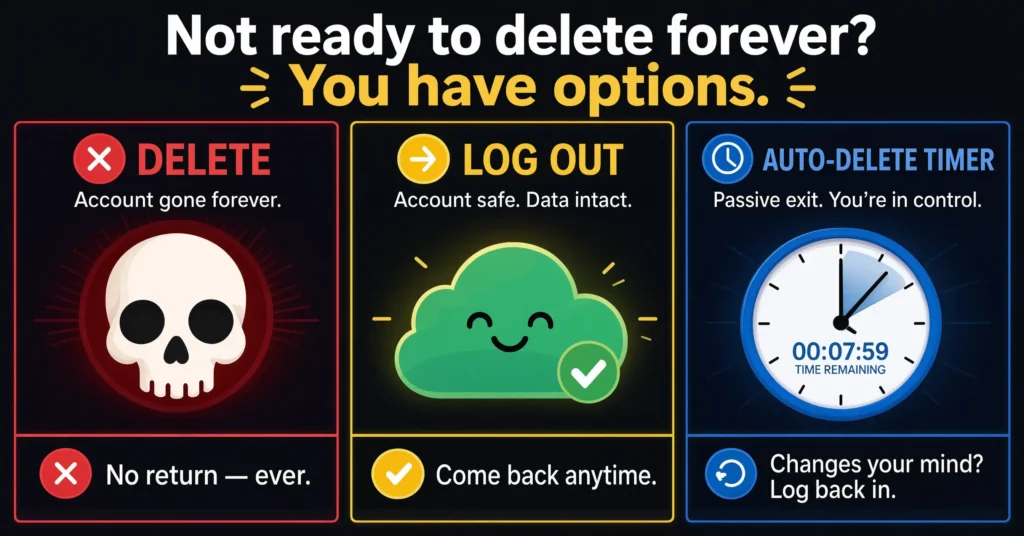 Comparison of three Telegram options — permanent deletion, logging out, and auto-delete timer showing outcomes for each choice