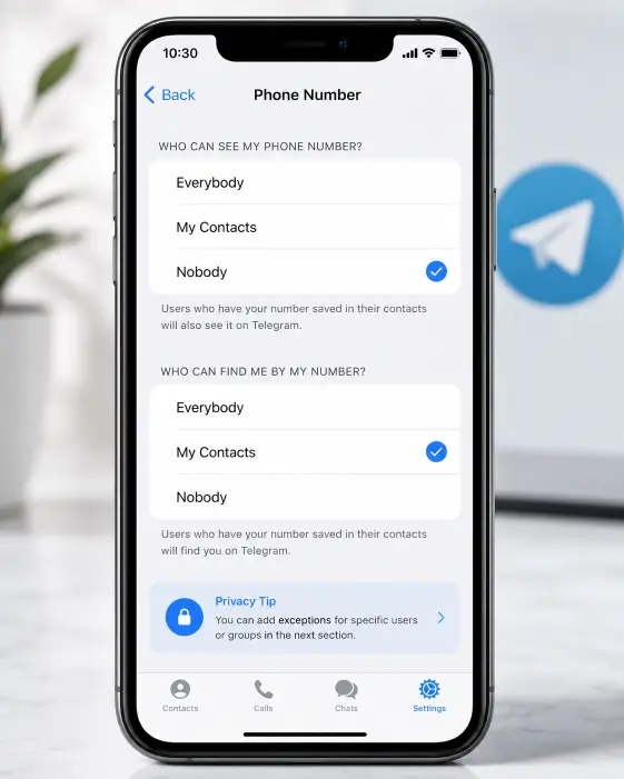 Telegram Privacy Settings showing how to hide your phone number by selecting Nobody.