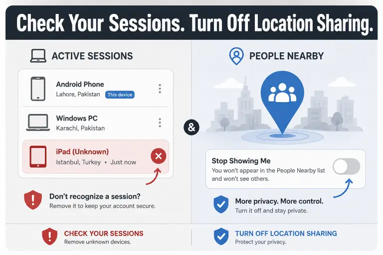 Illustration with text overlay showing how to review Telegram active sessions and turn off the People Nearby location feature