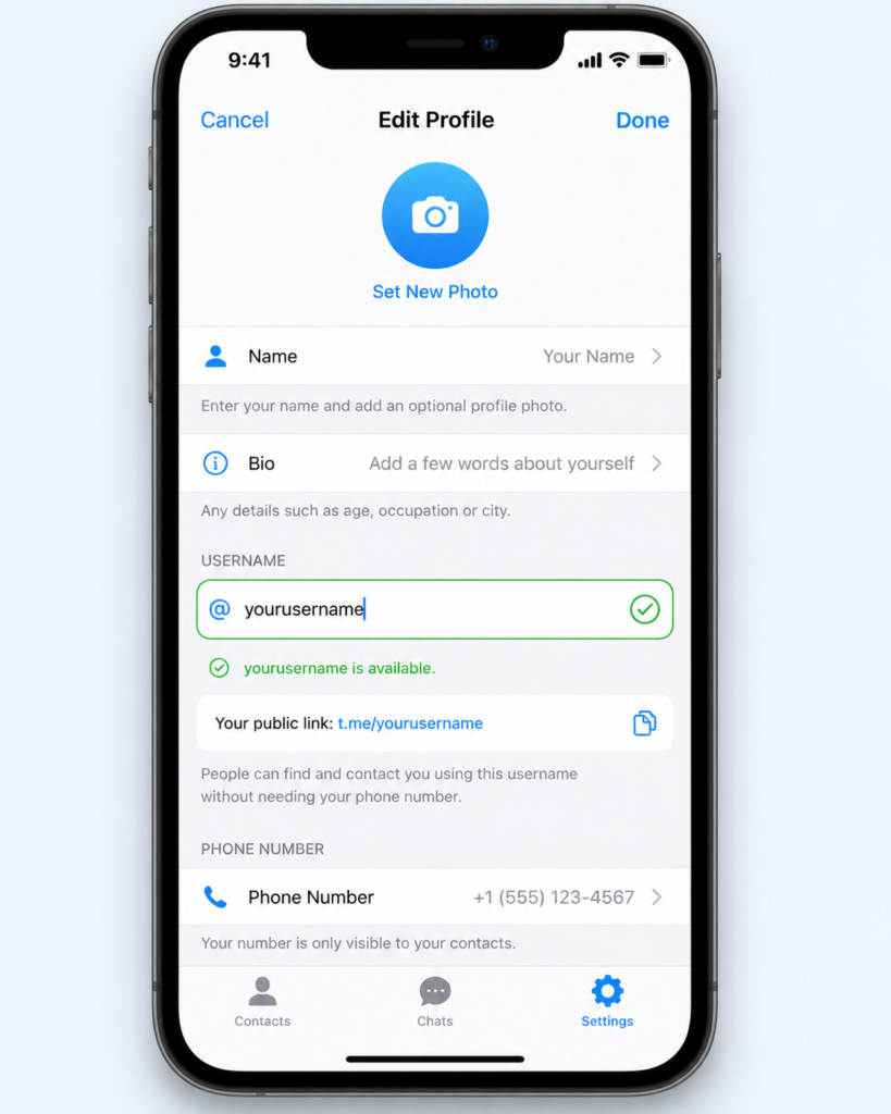 Setting up a Telegram username to hide phone number from contacts