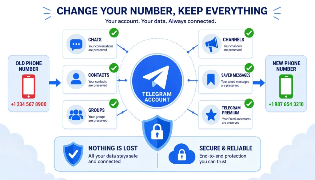 Infographic showing that Telegram chats, contacts, groups, channels, and saved messages remain after changing your phone number.