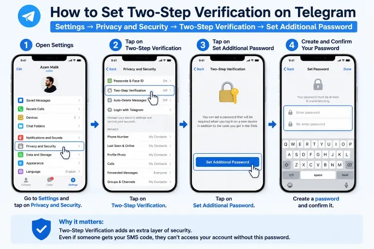 Step-by-step screenshots showing how to enable two-step verification in Telegram settings