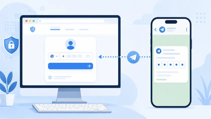 Illustration showing the my.telegram.org login process using a verification code sent inside the Telegram app.