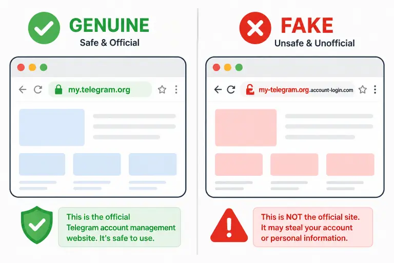 Comparison of a genuine my.telegram.org login page versus a fake phishing lookalike