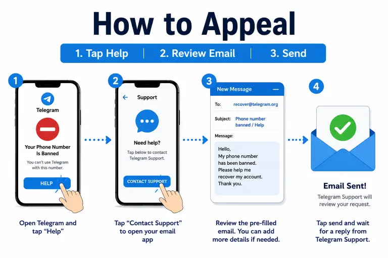 Step-by-step diagram showing how to appeal a banned Telegram phone number