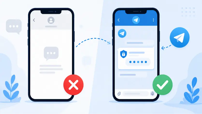 Comparison showing that the my.telegram.org login code appears inside the Telegram app instead of SMS messages.