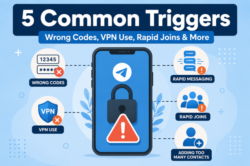Icons showing common causes of Telegram too many attempts error including wrong codes and VPN use